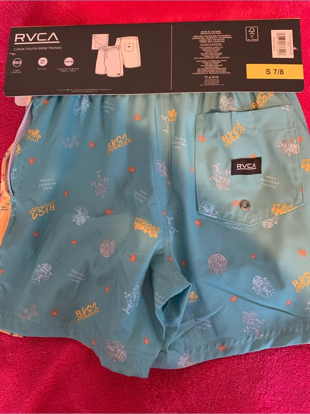 RVCA 2 Pack Teal Tropical Youth Swim Trunks and Yellow With Tropical Theme - Picture 2 of 6